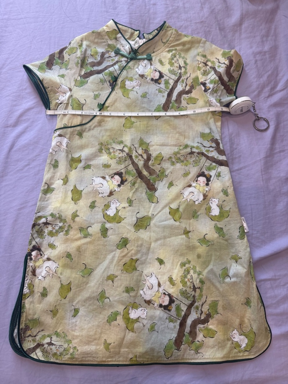 Traditional Chinese kids Qipao green Floral & Cat Print